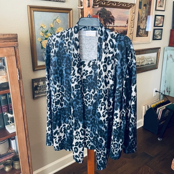 Alfred Dunner plus size open front leopard cardigan built-in tank 1X gray blue - Picture 2 of 9